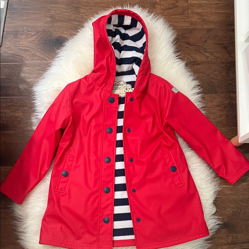 Hatley Red Raincoat with Navy Striped Lining